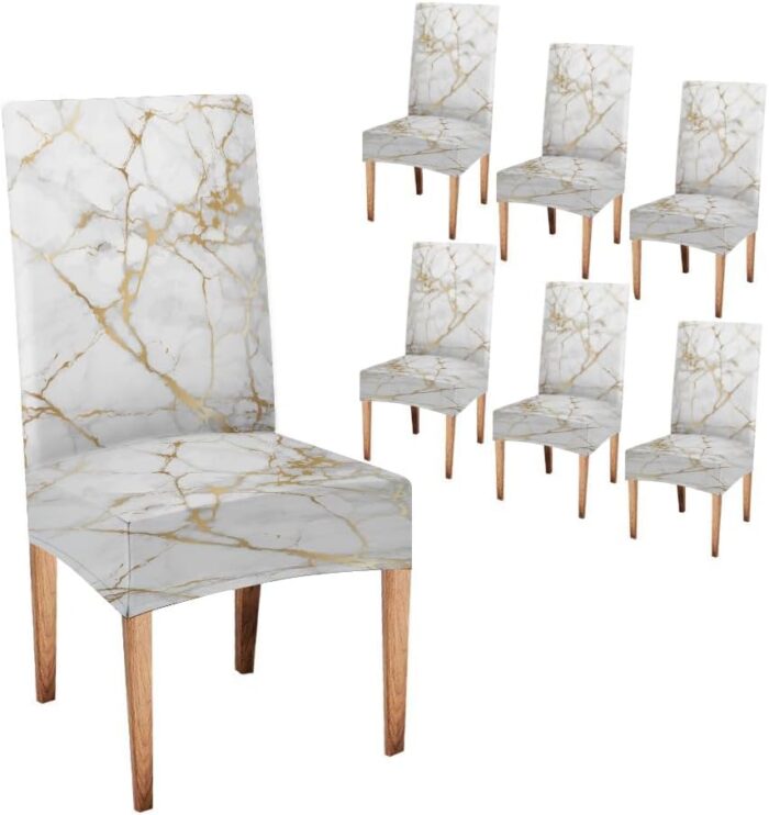 CAPSCEOLL Marble White Gold Dining Room Chair Covers Set of 6,Stretch Parsons Chair Slipcovers Universal Removable Washable Parson Chair Covers for Dining Room,Living Room,Kitchen