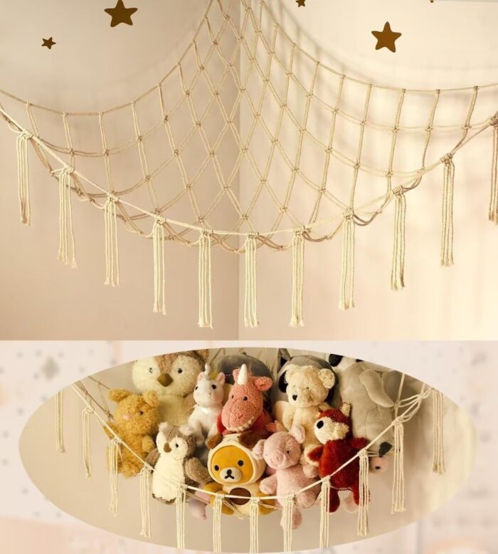 Stuffed Animal Storage Hammock or Net Corner – Large Toy Hammock Net for Stuffed Animals Room Decor – Cute Stuff Animal Organizer Holder for Plush Plushie – Kids Baby Nursery Wall Bedroom Home Decor