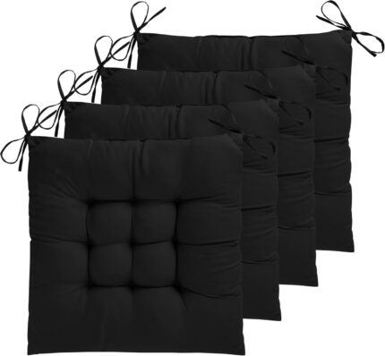 ELFJOY 4 Pack Chair Cushions for Dining Chairs 17×17 inch Seat Cushions for Kitchen Chairs Soft and Comfortable Square Chair Pads with Ties, Black