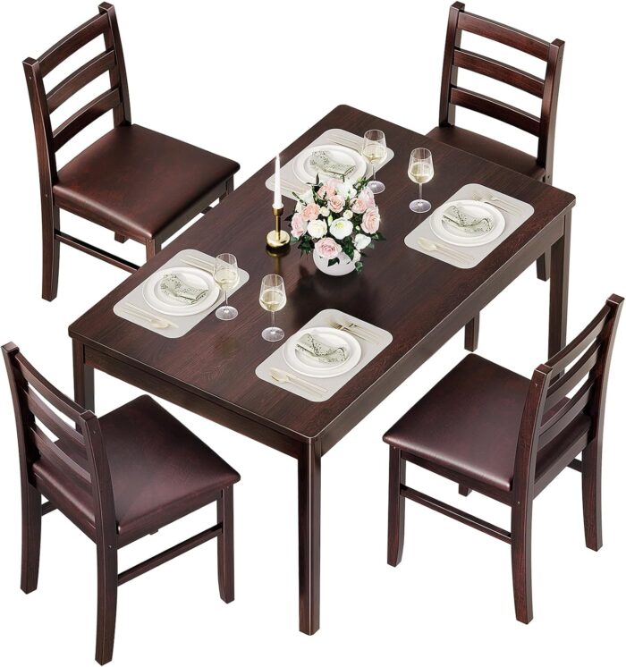 KKL Dining Table Set for 4, Solid Wood, Compact Mid-Century Modern Table & Chair Set for Home, Apartment with 4 Chairs, Padded Seats, Wooden Frame, Coffee