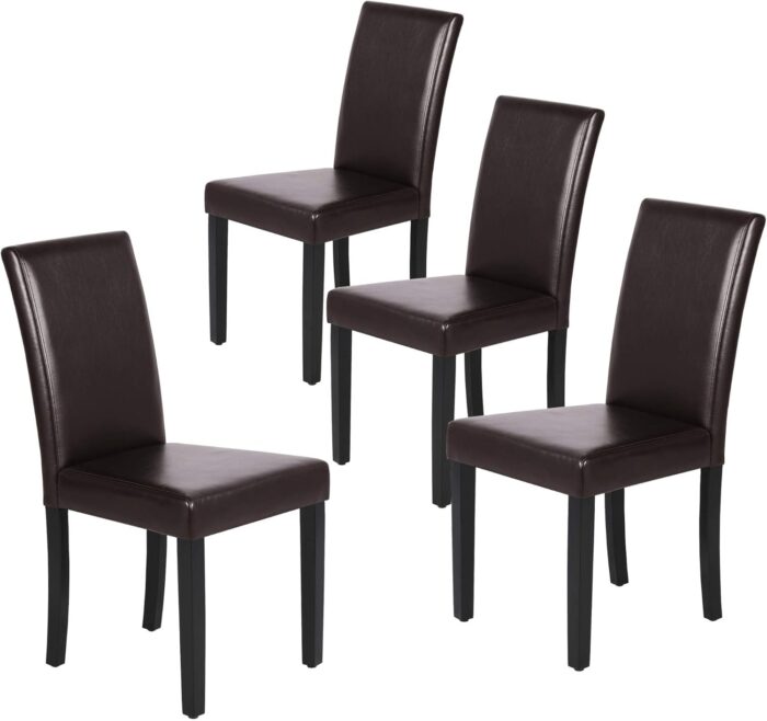 Yaheetech Dining Chairs Set of 4 PU Leather Dining Room Chairs with Waterproof Surface and Wood Legs for Kitchen Restaurant and Living Room, Dark Brown