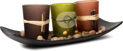 Dawhud Direct Decorative Votive Candle Holders, Vintage Decor Flameless Candlescape Set, 3 LED Tea Light Candles, Rocks aund Tray (Earth Tones)