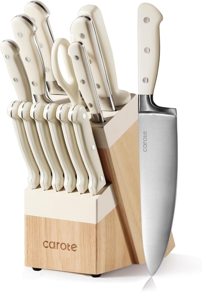 CAROTE 14 Pieces Knife Set with Block, Forged, High Carbon Stainless Steel Sharp Blade Block Knife Set, Dishwasher Safe Cutlery, Cream