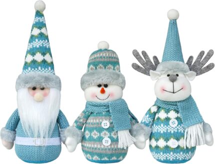 Blue Christmas Gnome Plush Decor Set of 3 Handmade Reindeer Snowman Santa Gnomes Ideas for Christmas Winter Layered Tray & Home Table Decorations