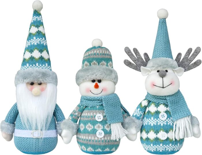 Blue Christmas Gnome Plush Decor Set of 3 Handmade Reindeer Snowman Santa Gnomes Ideas for Christmas Winter Layered Tray & Home Table Decorations