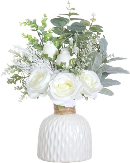 FOTEEWL Artificial Flowers with Ceramic Vase,Faux Silk Roses and Fake Plant Eucalyptus in Vase for Centerpiece Table Decorations, Living Room,Dining Table,Fireplace,Office,Farmhouse,Home Decor(White)