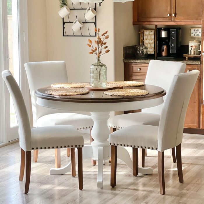 COLAMY Upholstered Parsons Dining Chairs Set of 4, Fabric Dining Room Kitchen Side Chair with Nailhead Trim and Wood Legs – Beige