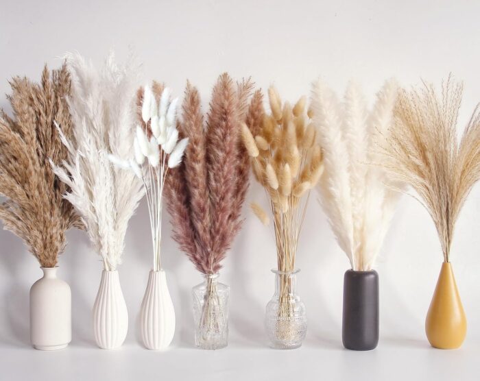 125 PCS Dried Pampas Grass Bouquet, Boho Table Decor, Bunny Tails Dried Flowers, Brown Pampas, White Pampas Grass for Weddings, Home Decor, Rustic Parties, and Baby Shower Decorations