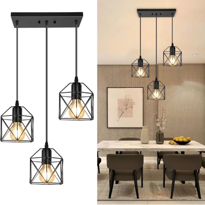 3-Light Hanging Pendant Light Fixtures, Farmhouse Kitchen Island Light Fixture, Industrial Hanging Pendant Lighting for Dining Room Bedroom Hallway, Black Metal Cage Pendant Lamp, E26 Base