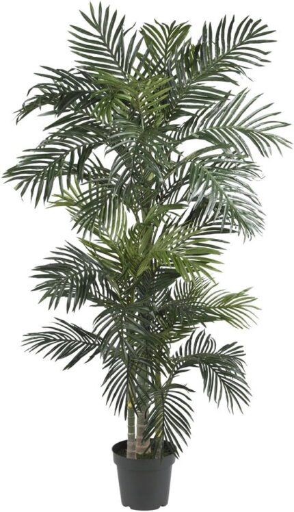 Nearly Natural 6.5FT Artificial Golden Cane Palm Tree, Fake Palm Tree with Three Realistic Trunks and 333 Lifelike Palm Leaves, Faux Palm Plant for Indoor Home Décor with Black Nursery Planter