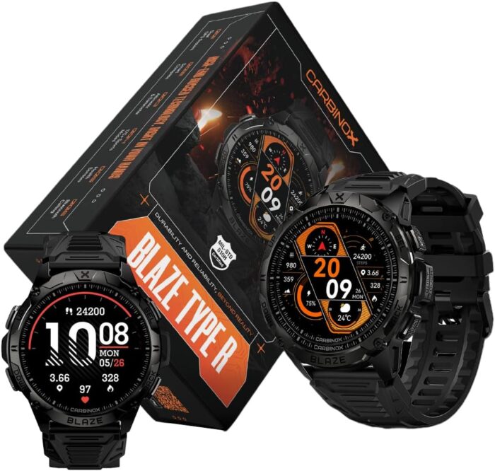 CARBINOX Blaze Smart Watch with GPS, Rugged Fitness Tracker Waterproof IP69K, Compatible with Android and iOS, 170+ Sports Modes, Gorilla Glass Screen, Make/Receive Calls (Round)