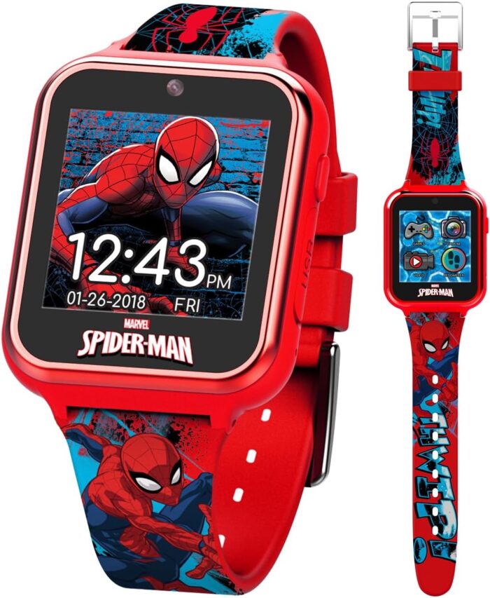 Accutime Marvel Spider-Man Red Educational Touchscreen Smart Watch Toy for Boys, Girls, Toddlers – Selfie Cam, Learning Games, Alarm, Calculator, Pedometer, and More (Model: SPD4588AZ)