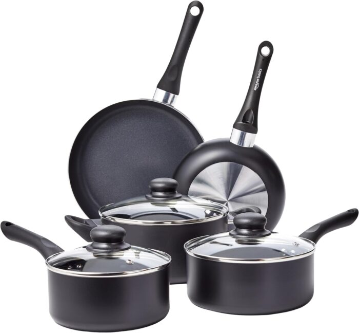 Amazon Basics Durable Non-Stick Cookware Set, Pots and Pans, 8-Piece, Black