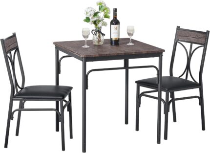 VECELO Kitchen Dining Room Table Set with 2 Chairs for Small Space, Apartment,Metal Steel Frame