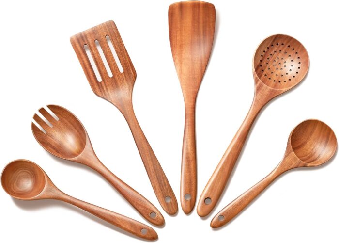 Wooden Utensil Set,Premium Teak Wooden Kitchen Utensil Set- 6 Piece Handcrafted, Wooden Kitchen Utensils Set for Cooking,Durable Cooking Utensils for Nonstick