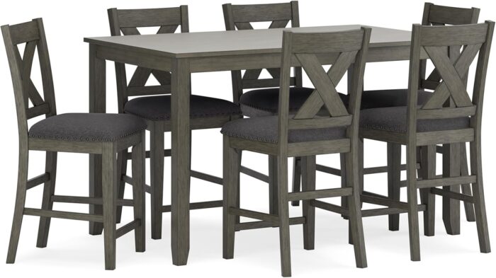 Signature Design by Ashley Caitbrook Casual Counter Height Dining Table and Upholstered Bar Stools with Nailhead Trim, Set of 7, Gray