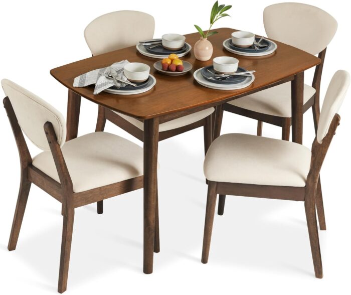 Best Choice Products 5-Piece Dining Set, Compact Mid-Century Modern Table & Chair Set for Home, Apartment w/ 4 Chairs, Padded Seats & Backrests, Wooden Frame – Cream/Walnut