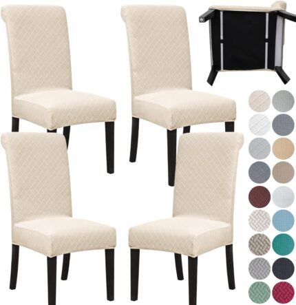 SPRINGRICO 4 Pack Dining Room Chair Covers with seat Belt, Stretch Parsons Chair Slipcover Washable Kitchen Dining Chair Cover Removable Seat Protector Set of 4, S2- Beige