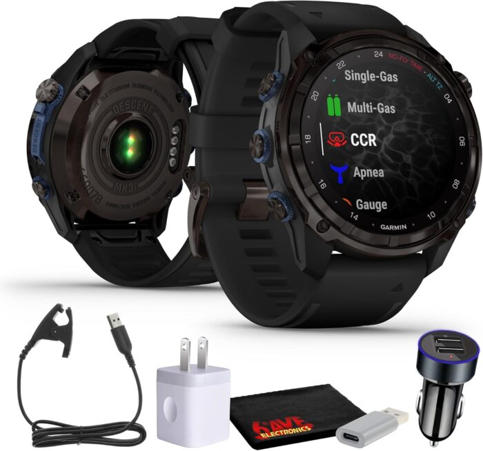 Garmin Descent Mk3i, Dive Computer Smartwatch 51MM, Carbon Gray DLC Titanium with Black Silicone Band and Multisport GPS Training Fitness Watch, Air Integration Bundle with Accessories