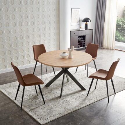 46.4″ Round Dining Table Set, Mid Century Modern Round Dining Table for 4-6 Person, w/Steel Legs, Coffee Table for Kitchen Dining Room, Office, Save Space (1 Table with 4 Brown Chairs)