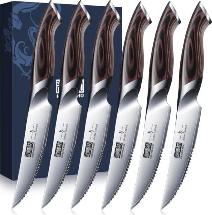 Steak Knives Set of 6, Ultra Sharp 4.5 Inch Serrated Steak Knife Set, Japanese AUS-10 High Carbon Steel Kitchen Steak Knives with Ergonomic Handle