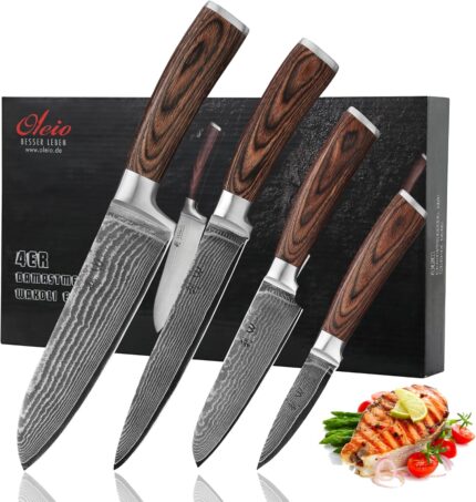 Wakoli Damascus Kitchen Knife Set, 4 Pieces Professional Chef Knife Set made from 67 Layers of Damascus Steel with VG10 Core, Knives Set for Kitchen with Pakkawood Handles in Gift Box (EDIB 4-pcs)