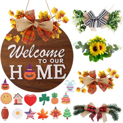 Interchangeable Welcome Sign for Front Door with 4 Seasonal Wreaths and 14 Changeable Icons, Farmhouse Front Door Signs, Door Decoration Porch Decor, Seasonal Wooden Home Sign Home décor (6wood)