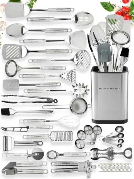 Home Hero Stainless Steel Kitchen Utensils Set – Nonstick Stainless Steel Cooking Utensils Set – Heat Resistant Kitchen Essentials & Metal Kitchen Gadgets (54 Pcs)