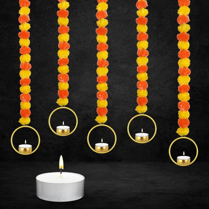 Marigold Garland for Decoration 5 Pcs Artificial Marigold Flowers, Indian Décor for Pooja, Diwali, Rangoli, Wedding, Christmas with Diya (Hanging)