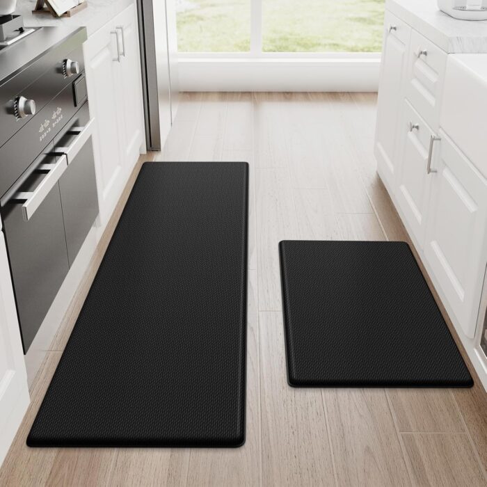 StepRite Kitchen Mats, 2PCS Kitchen Rugs, Cushioned Anti Fatigue Kitchen Mats for Floor, Non-Slip Standing Desk Mat, Waterproof Kitchen Rug Set for Kitchen, Floor, Office,17.3″×30″+17.3″×47″,Black