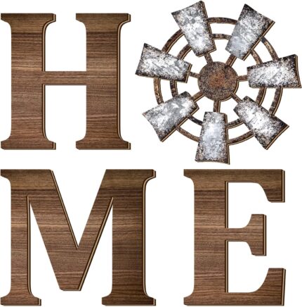 4 Pieces Rustic Home Decor Wooden Home Letters for Wall Windmill Wall Decor Farmhouse Wall Home Sign Brown Home Hanging Wood Sign Farmhouse Decor for Living Room Kitchen Bedroom Front Porch (Brown)