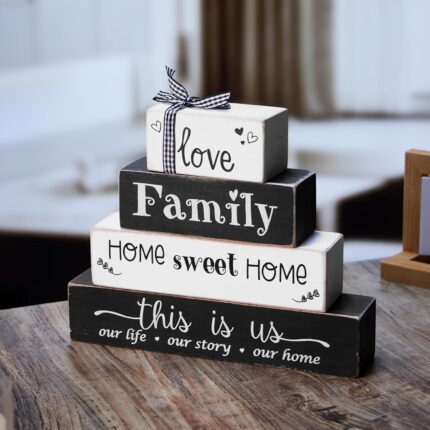 4 Pieces Farmhouse Wood Stacking Blocks for Home Living Room Bedroom Table Decor, Rustic Love/Family/Home Sweet Home/This Is Us Wooden Sign Decorations for Coffee Tabletop, Mantel, Shelf Decor