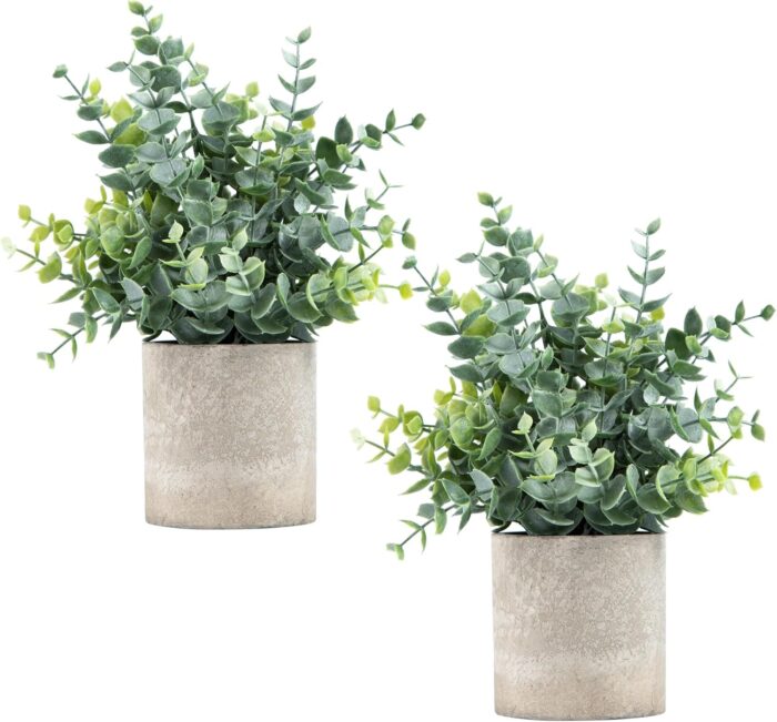 2 Pack Small Fake Plants Eucalyptus Potted Artificial Plants for Shelf Desk Home Bathroom Farmhouse Room Coffee Table Decor (Sage Green)