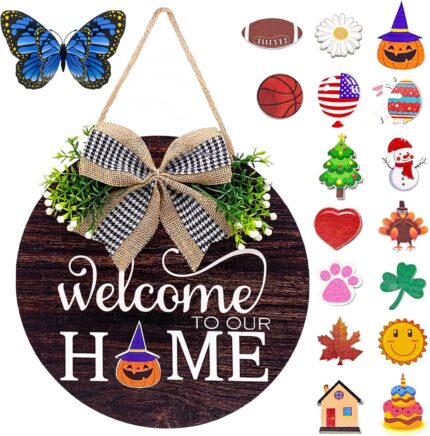 Interchangeable Welcome Sign Wreaths for Front Door – Seasonal Round Wood Door Sign, Farmhouse, Porch Wall Outdoor Hanging for Thanksgiving, Halloween, Christmas，Fall New Home Housewarming Gift Ideas