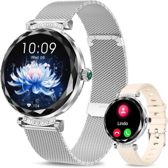 Smart Watches for Women Answer/Make Call, 1.19″ AMOLED Smartwatch with Bluetooth for Android iOS Phones, IP68 Waterproof Fitness Tracker with Heat Rate Blood Pressure, 120+ Sports, Silver