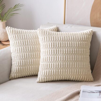 MIULEE Pack of 2 Corduroy Decorative Throw Pillow Covers 18×18 Inch Soft Boho Striped Pillow Covers Modern Farmhouse Christmas Home Decor for Sofa Living Room Couch Bed Cream White