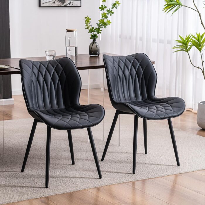 YOUNIKE Dining Chairs Set of 2, Upholstered Faux Leather Kitchen & Dining Room Chairs, Modern Living Room Bedroom Side Chairs with Wide Wing Back and Adjustable Metal Legs, Black