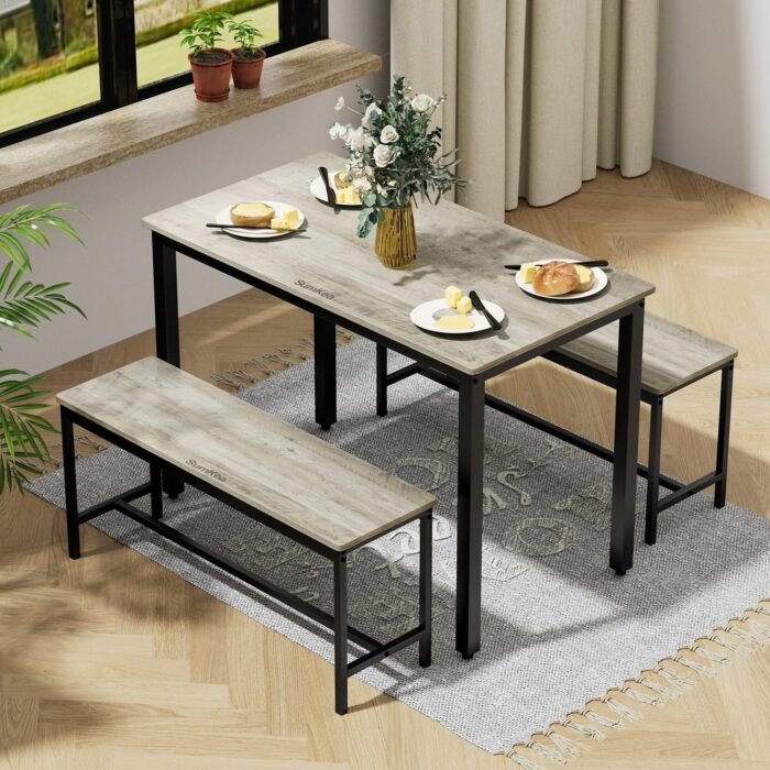 3-Piece 4 Bar 2 Dining Benches, 43.3” Wood Kitchen Table & Chair Set for Breakfast Nook and Small Space, Grey