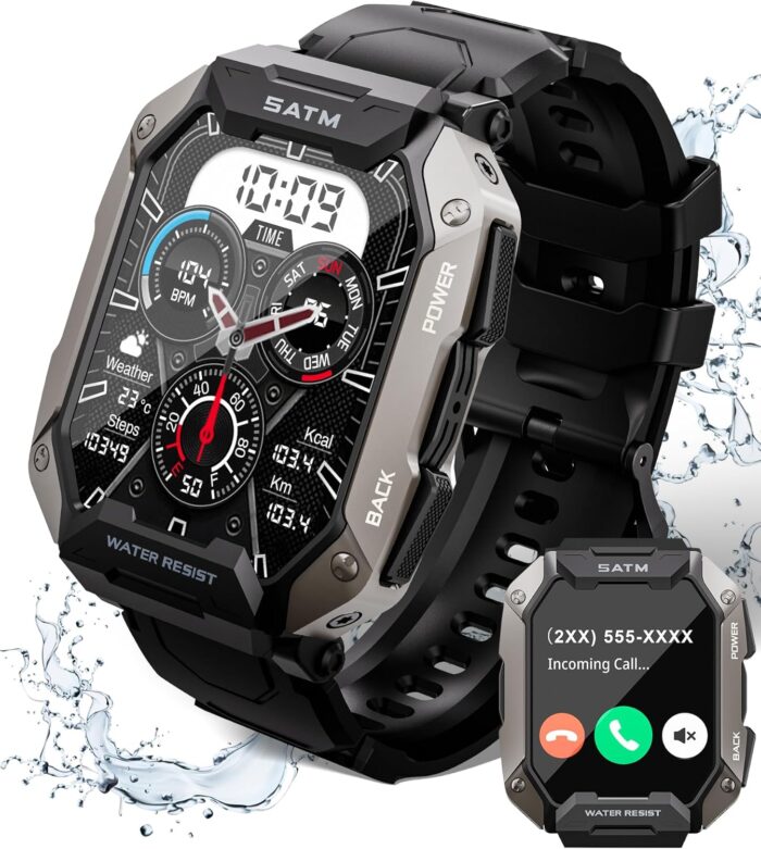 Smart Watch for Men，with Answer/Make Call 100+ Sports Modes Fitness Smart Watch, IP68 Waterproof 80 Days Extra-Long Battery Heart Rate/Blood Oxygen/Sleep Monitor Smartwatch for Android and iOS