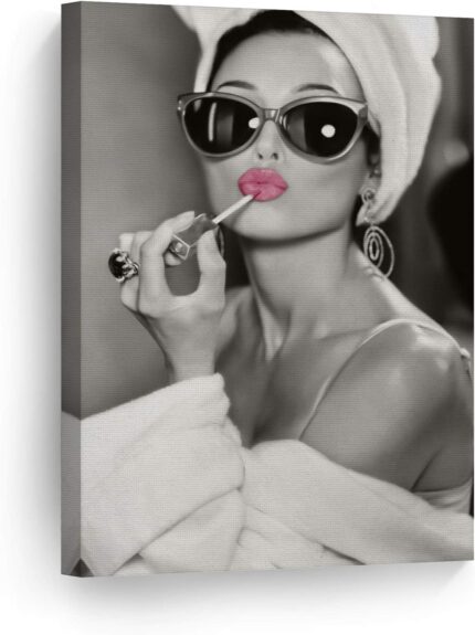 Audrey Hepburn Wall Art Makeup Pink Lipstick CANVAS PRINT Iconic Pop Art Pretty Beauty Black and White Home Decor Artwork Gallery Stretched and Ready to Hang – %100 Handmade in the USA – 28×19