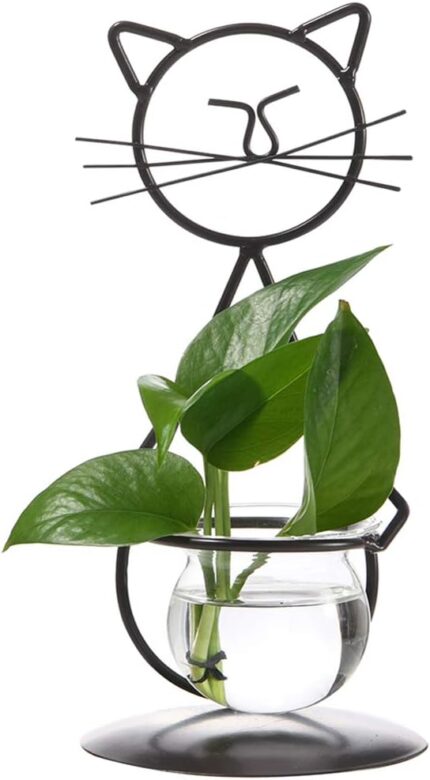 Marbrasse Desktop Glass Planter Vase Holder, Modern Creative Cat Plant Terrarium Metal Stand for Hydroponics Plants Home Garden Wedding Decoration Outdoor Planter Ideas (Style 2)