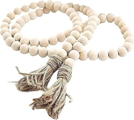 LSKYTOP 58 Inches Wood Bead Garland with Tassel,Farmhouse Rustic Prayer Boho Wooden Beads for Tiered Tray Coffee Table Mantel Decor (1 Pack)