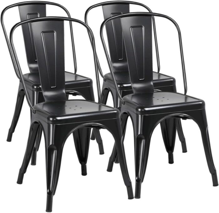 Yaheetech Iron Metal Dining Chairs Stackable Side Chairs Bar Chairs with Back Indoor/Outdoor Classic/Chic/Industrial/Vintage Bistro Trattoria Kitchen Restaurant Matte Black, Set of 4