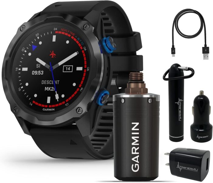 Garmin Descent Mk2i/Descent T1 Bundle, Watch-Style Dive Computer with Wearable4U Power Pack Bundle (Titanium Carbon Gray DLC with Black Band)