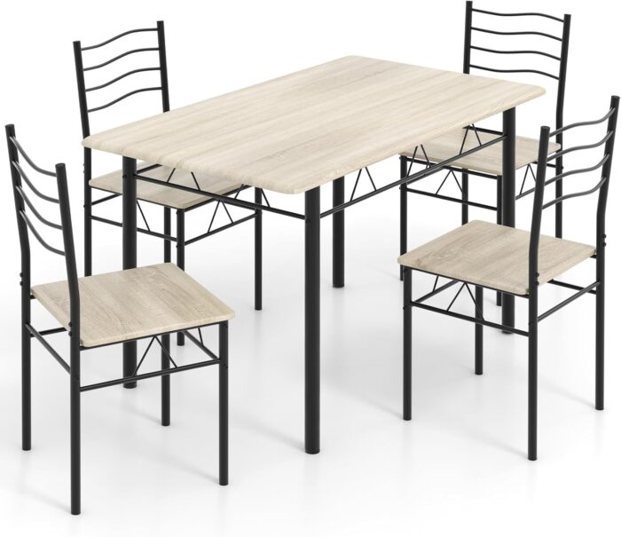 Casart 5 PCS Dining Table Set Counter Height Table and Chairs Set W/Steel Structure Dining Desk, 4 High Backrest Chairs & Anti-Slip Pads Dining Furniture Set for Kitchen and Restaurant(Beech Wood)