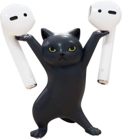 Cute Stuff Home Decor Fun Kitty Decoration for Desk Shelf Magnetic Dance Cat Airpod Holder Headphone Earbuds Holder for Apple AirPods 1& 2 3 Pro, Unique Birthday Bday Gifts Ideas (Black)