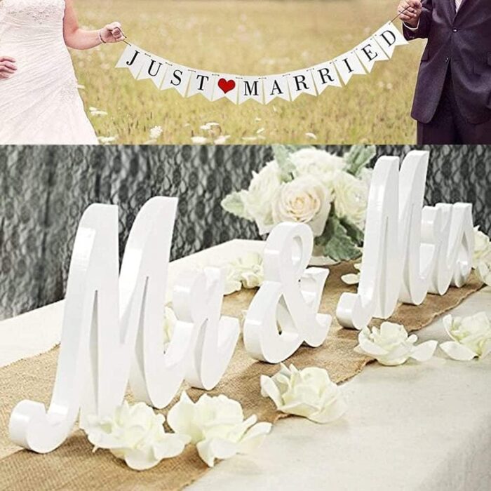 VIOPVERY Mr and Mrs Sign for Wedding Table,Large White Mr and Mrs Sign,Wooden Letters,Mr & Miss Sign with Just Married Banner Wedding Decorations for Anniversary