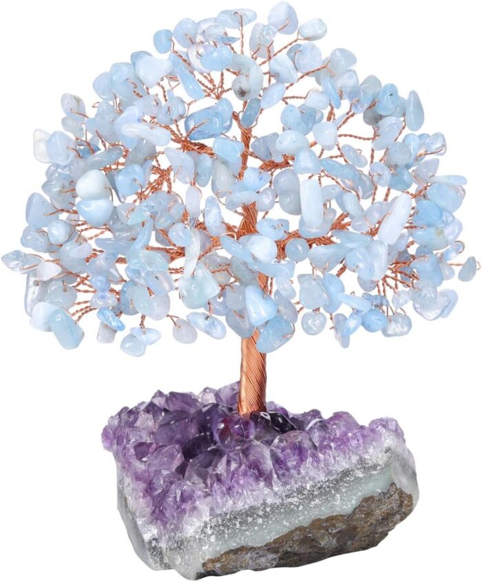 Jovivi Natural Aquamarine Healing Crystal Money Tree on Amethyst Cluster Geode Druzy Base Feng Shui Crystals for Home Office Desk Decorations, Wealth, Good Luck