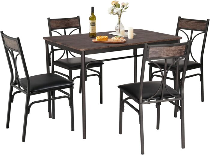 VECELO Kitchen Dining Room Table Set with 4 Chairs for Small Space, Apartment,Metal Steel Frame