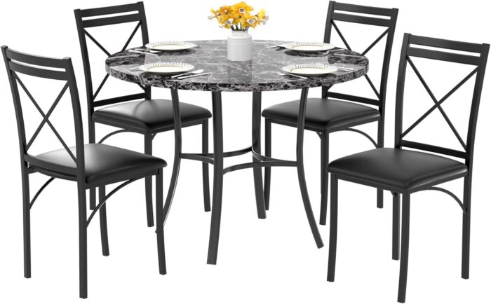 VECELO 5 Piece Dining Table Set for 4, Faux Marble Dinette with Chairs for Kitchen, Breakfast Nook, Small Space, Grey